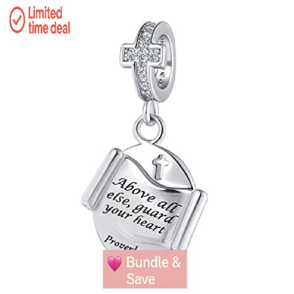 Christian Bible Charm Bead for Pandora Bracelets, Copper Religious Jewelry - Picture 2 of 8